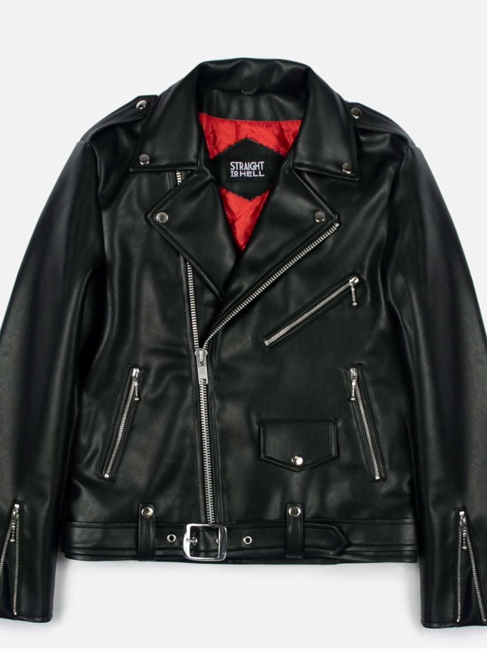 Straight To Hell Black Leather Biker Jacket with Red Lining